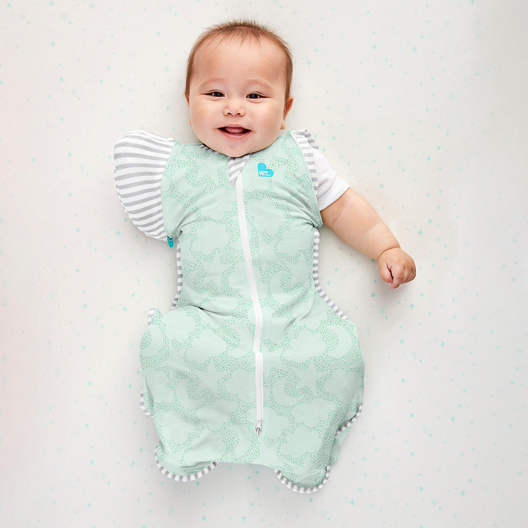 Love to dream transition sleep bag. Mint colour with zip off wings. Organic cotton.