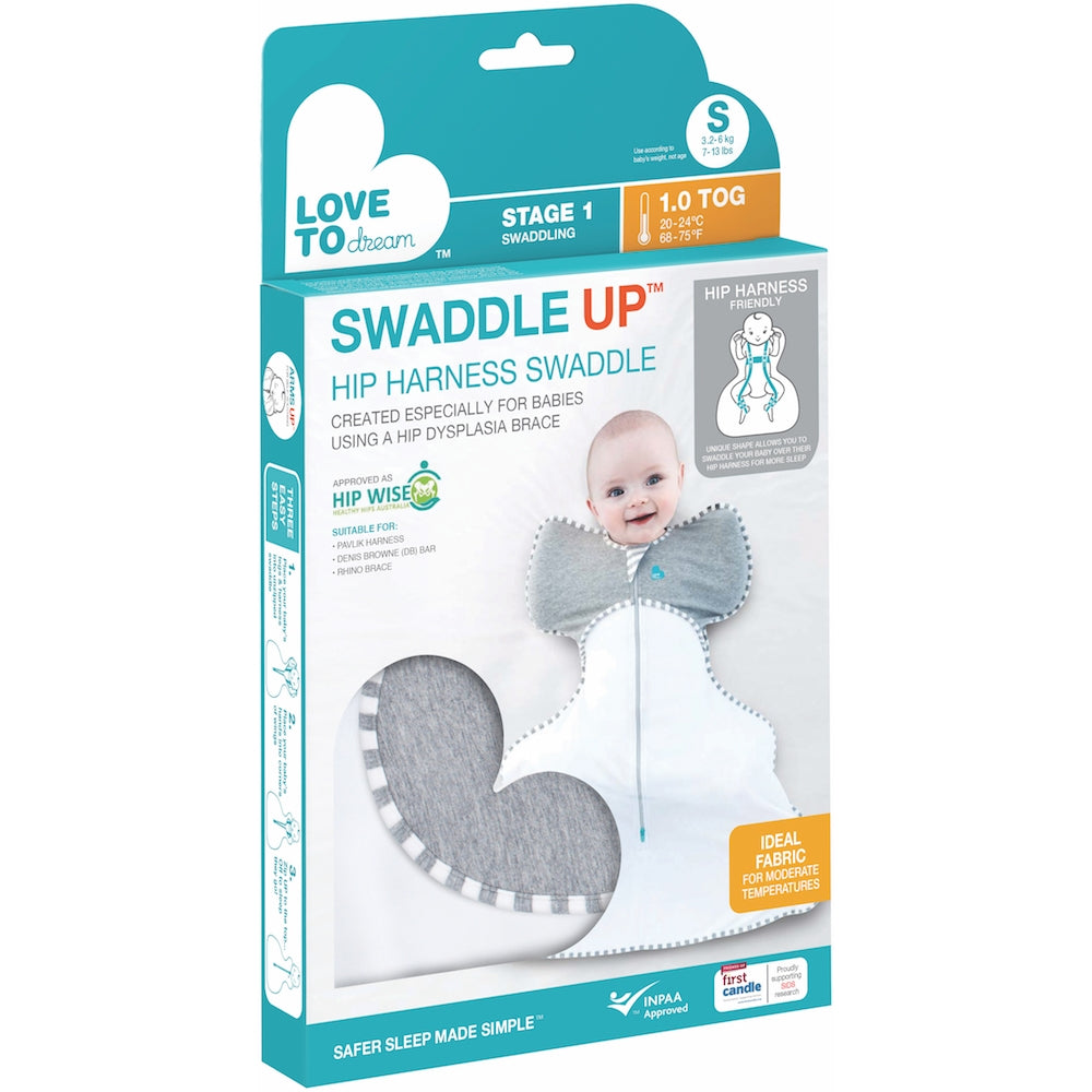 The patented Love to Dream™ swaddle has been adapted to be suitable for a hip harness, for babies who are being treated for Hip Dysplasia. Certified by the International Hip Dysplasia Institute, the Swaddle Up™ Hip Harness Swaddle is the only zip-up swaddle with patented “wings”, for a natural Arms Up™ position.