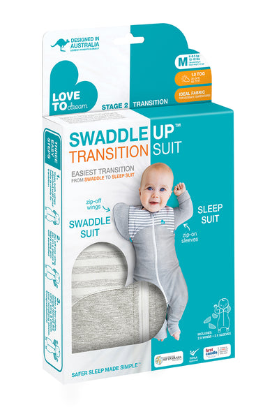 As soon as your baby starts showing signs of trying to roll, you must transition to “arms-free” sleep. This change can be upsetting for some babies, but there is a way to help ease the transition. The five-piece Swaddle Up™ Transition Suit 1.0 TOG helps your baby to gradually adjust to sleeping un-swaddled.