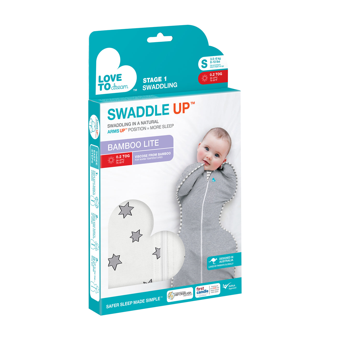 The Lite 0.2 TOG version of the Original Swaddle Up™ is for keeping your baby cool in warmer weather. With patented Arms Up™ 'wings', the Love to Dream Swaddle Up will support your baby to sleep in their natural position and self-soothe, which means more sleep for you and your baby.