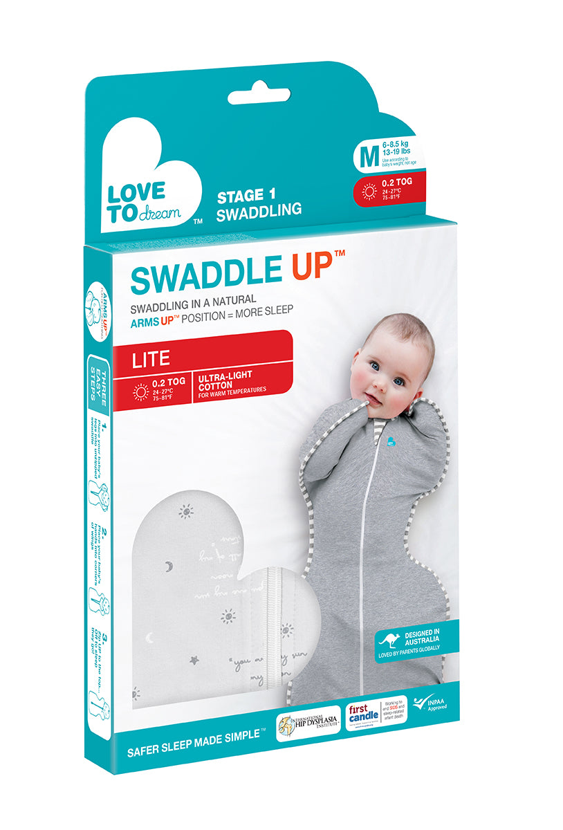 The Swaddle Up™ is the only zip-up swaddle with patented “wings” that allows your baby to sleep in a natural Arms Up™ position for true Self-Soothing™. Made with 0.2 TOG fabric, the Swaddle Up™ Lite is perfect for warm summer days and nights.