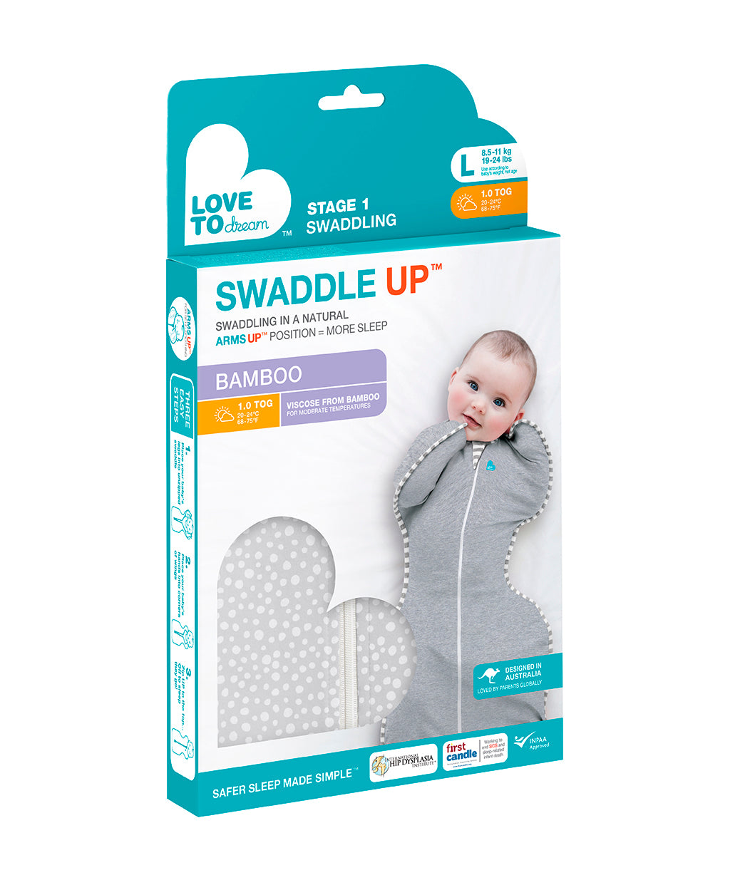 Love to Dream’s Swaddle Up™ is the only zip-up swaddle with patented “wings” that allows your baby to sleep in a natural Arms Up™ position for true Self-Soothing™. Made with luxury bamboo fabric, this swaddle is dreamily soft.