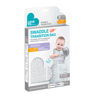 The Swaddle Up™ Transition Bag, made from luxuriously soft bamboo fabric, helps your baby to gradually adjust to sleeping un-swaddled. Simply unzip one wing for a few sleep cycles to help your baby get used to the sensation of sleeping with one arm free. Then complete the transition by removing the second wing!