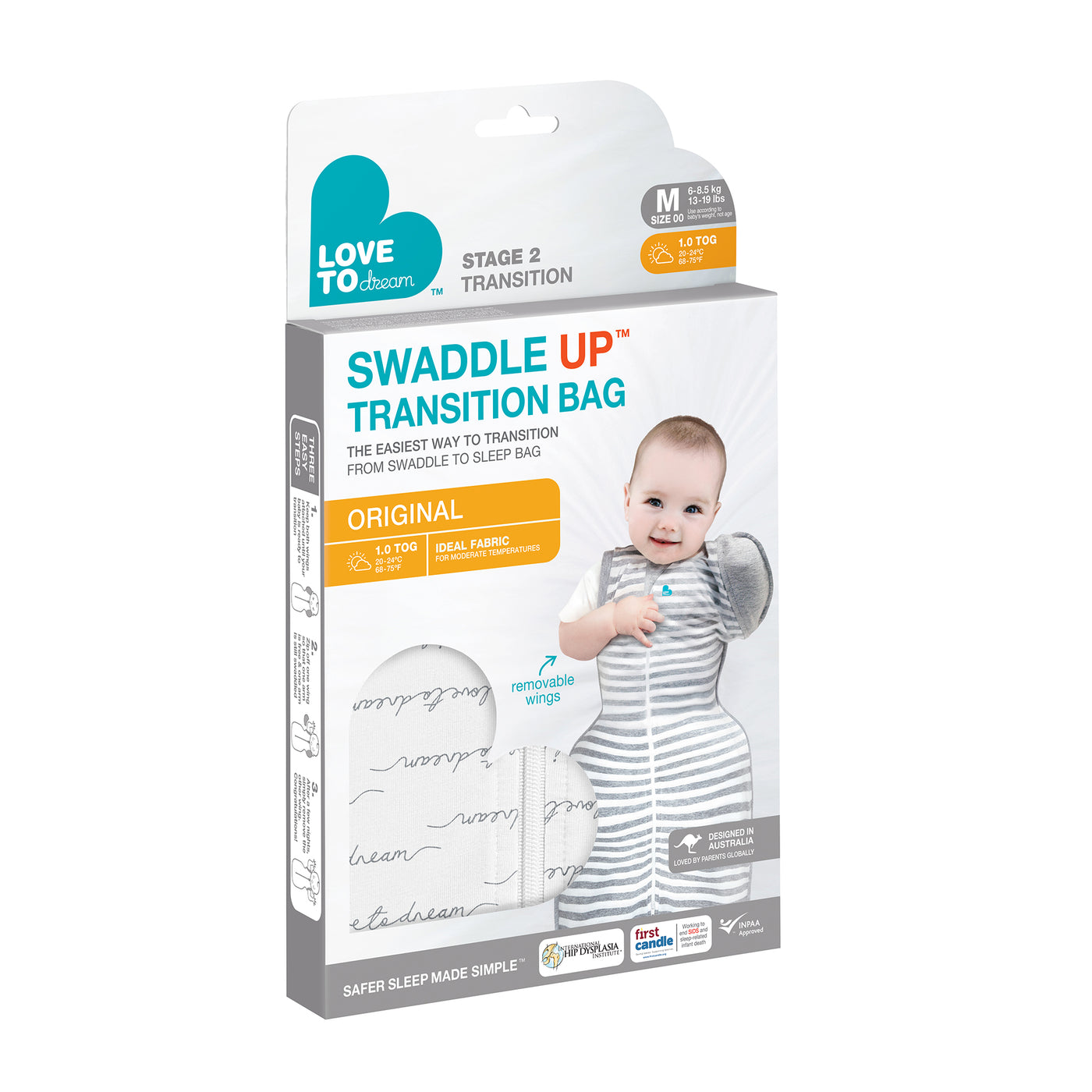 The Swaddle Up™ Transition Bag helps your baby to gradually adjust to sleeping unswaddled. Simply unzip one wing – either as baby sleeps or when dressing them – for a few sleep cycles to help your baby get used to the sensation of sleeping with one arm free. Complete the transition by simply removing the second wing!