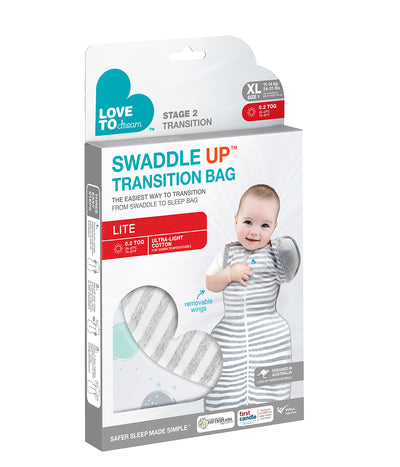 The Swaddle Up™ Transition Bag 0.2 TOG helps your baby to gradually adjust to sleeping un-swaddled. Simply unzip one wing – either as baby sleeps or when dressing them – for a few sleep cycles to help them get used to the sensation of sleeping with one arm free. Then complete the transition by removing the second wing!